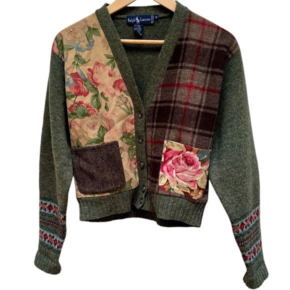Vintage Ralph Lauren Patchwork Wool Button Cardigan -- RARE! - Picture 2 of 13